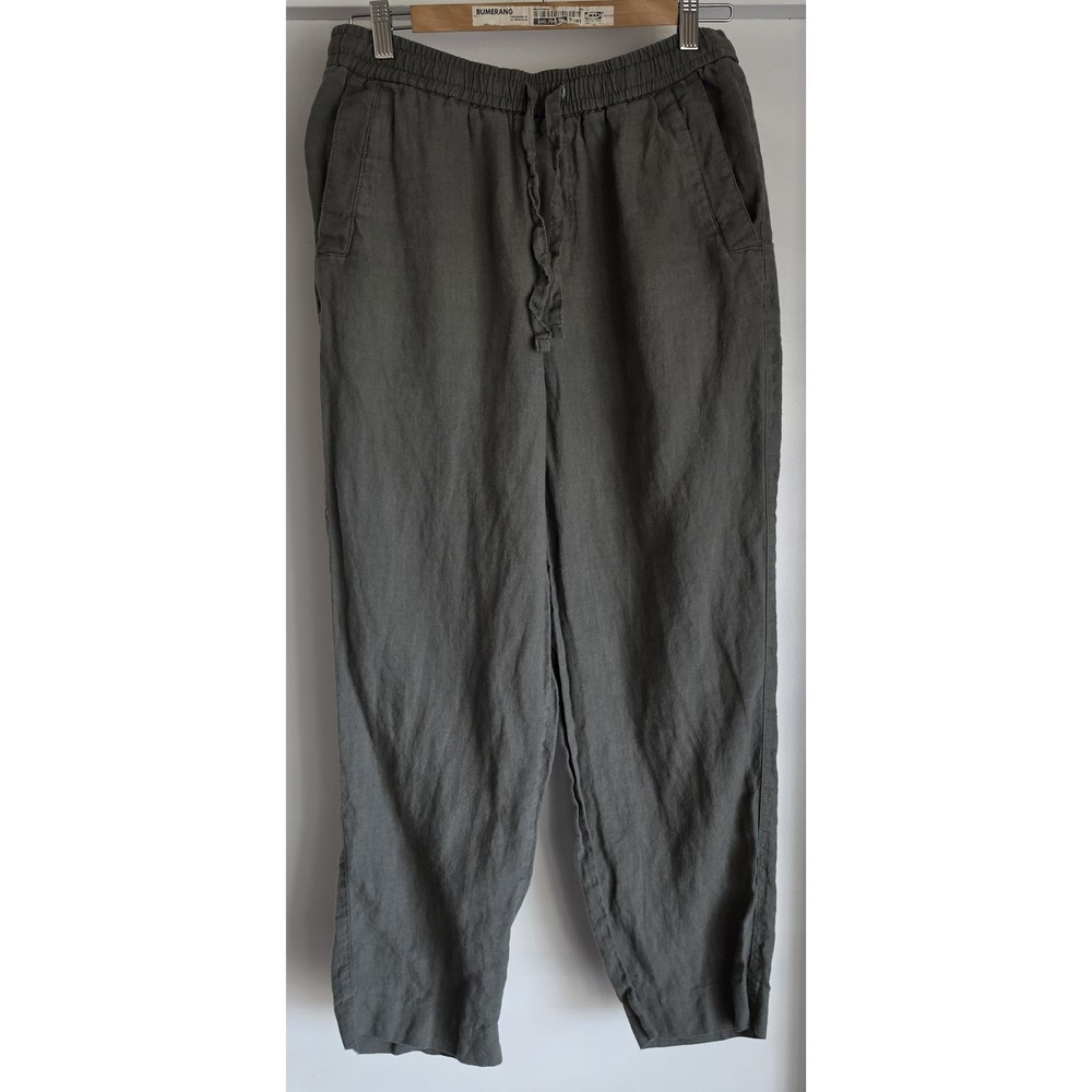 Zara Women Linen Pants Size M Green Solid Casual Straight Trousers Slacks